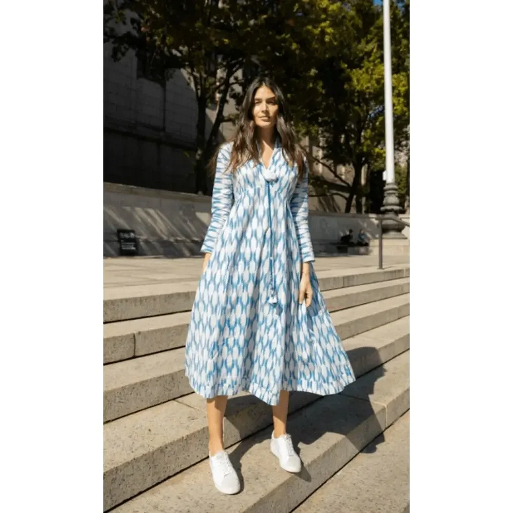 Guadalupe Design Nora Ikat Dress, Cotton, Blue, Large Midi, NWT, SOLD OUT! 183$ - Picture 1 of 9